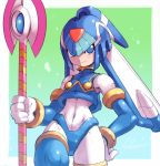  1girl android blue_eyes bodysuit breasts covered_navel cowboy_shot hand_on_hip helmet highres holding holding_weapon kamiyama_teten leviathan_(rockman) polearm rockman rockman_zero simple_background small_breasts smile solo spear thighhighs weapon 