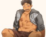  1boy abs bara black_eyes black_hair blush chest feet_out_of_frame hood hoodie male_focus muscle navel nipples open_clothes open_hoodie open_mouth original pectorals short_hair shorts simple_background solo st05254 sweatdrop thighs 