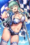  1girl ;d akizuki_akina aqua_hair bangs belt bikini blue_eyes blue_jacket blush breasts buckle checkered checkered_flag choker cleavage criss-cross_halter flag groin hair_between_eyes hair_ornament hairclip halterneck holding holding_flag holding_hair jacket kantai_collection large_breasts long_hair looking_at_viewer micro_shorts navel one_eye_closed open_clothes open_jacket open_mouth race_queen shorts skindentation smile solo stomach suzuya_(kantai_collection) swimsuit thighhighs thighs toned 