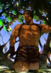  1boy abs animal_ears bara belt black_hair blush cat_boy cat_ears cat_tail chest chest_harness cowboy_shot forest gloves harness highres leaf male_focus muscle nature navel nipples open_pants original pectorals shirtless short_hair shorts solo st05254 tail thick_thighs thighs tree tree_shade wet 
