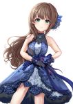  1girl absurdres bangs bare_arms bare_shoulders black_gloves blue_bow blue_dress blue_ribbon blush bow breasts commentary_request cowboy_shot dress earrings eternal_bloom_(idolmaster) floral_print gem gloves hair_ornament hand_on_hip highres idolmaster idolmaster_cinderella_girls idolmaster_cinderella_girls_starlight_stage jewelry layered_dress long_hair looking_at_viewer medium_breasts necklace print_dress ribbon shibuya_rin simple_background sleeveless sleeveless_dress smile solo standing white_background zipgaemi 