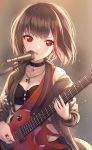  1girl afterglow_(bang_dream!) bang_dream! bangs black_bra black_choker bob_cut bra breasts brown_hair chain_necklace choker collarbone commentary_request cross-laced_clothes cross-laced_top earrings eyebrows_visible_through_hair fingernails gohan_(lupina1023) guitar highres holding_plectrum hoop_earrings instrument jacket jewelry microphone mitake_ran multicolored_hair necklace plectrum red_eyes short_hair small_breasts strap streaked_hair underwear 