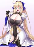  1girl ahoge artoria_pendragon_(all) artoria_pendragon_(caster) bangs black_gloves black_legwear blonde_hair blue_bow blush bow bracelet breasts cleavage dress elbow_gloves fate/grand_order fate_(series) gloves green_eyes hair_bow highres jewelry juliet_sleeves kneeling large_breasts long_hair long_sleeves open_mouth pelvic_curtain puffy_sleeves thighhighs thighs very_long_hair watosu white_dress 
