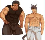  2boys abs animal_ears bara bare_shoulders bear_boy bear_ears black_eyes black_hair blush bulge chest covered_abs covered_navel cropped_legs horse_boy horse_ears horse_tail male_focus multiple_boys muscle navel nipples original pants pectorals shirtless short_hair sleeveless st05254 tail thick_thighs thighs tight white_background white_pants 