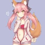  1girl absurdres animal_ear_fluff animal_ears black_ribbon bra breasts cleavage closed_mouth collarbone eyebrows_visible_through_hair fang fate/extella fate/extra fate/extra_ccc fate/grand_order fate_(series) fox_ears fox_girl fox_tail hair_ribbon highres large_breasts looking_at_viewer navel open_clothes open_shirt pink_bra pink_hair rachione ribbon skin_fang solo tail tamamo_(fate)_(all) tamamo_no_mae_(fate) underwear yellow_eyes 