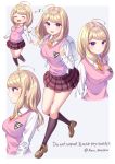 1girl :d ahoge akamatsu_kaede bangs banned_artist beamed_eighth_notes beamed_sixteenth_notes black_legwear blonde_hair blush border breasts brown_footwear closed_eyes closed_mouth collared_shirt commentary_request danganronpa eighth_note eyebrows_visible_through_hair from_side full_body hair_ornament highres kneehighs large_breasts long_hair long_sleeves looking_at_viewer miniskirt multiple_views musical_note musical_note_hair_ornament nabekokoa necktie new_danganronpa_v3 open_mouth pleated_skirt profile purple_eyes repost_notice school_uniform shirt shoes skirt smile sweater_vest twitter_username upper_body white_border white_shirt 