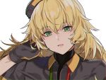  1girl aogisa black_gloves blonde_hair bodysuit eyebrows_visible_through_hair girls_frontline gloves green_eyes hair_between_eyes hair_ornament hand_in_hair highres jacket long_hair looking_at_viewer multicolored multicolored_clothes multicolored_jacket open_mouth s.a.t.8_(girls_frontline) solo_focus white_background 