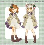  2girls alternate_costume amatsukaze_(kantai_collection) boots brown_eyes brown_footwear brown_hair closed_eyes cocoperino commentary_request dress full_body hair_ornament hair_tubes hairclip headgear kantai_collection long_hair multiple_girls open_mouth plaid plaid_background round_teeth sailor_dress short_hair silver_hair smile teeth two_side_up upper_teeth windsock yukikaze_(kantai_collection) 