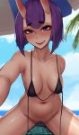  1boy 1girl alternate_costume bikini bikini_top black_bikini blue_sky bob_cut bottomless breasts day erection erection_under_clothes eyeliner fate/grand_order fate_(series) girl_on_top highres horns makeup navel oni oni_horns outdoors purple_eyes purple_hair roresu short_eyebrows short_hair shuten_douji_(fate/grand_order) skin-covered_horns sky small_breasts solo_focus straddling swimsuit untied untied_bikini 