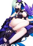  1girl bangs bare_shoulders blue_hair blush breasts brynhildr_(fate) brynhildr_(swimsuit_berserker)_(fate) cleavage fate/grand_order fate_(series) flower hair_flower hair_ornament high_heels highres large_breasts legs long_hair looking_at_viewer multicolored_hair rose silver_hair simple_background tawagoto_dukai_no_deshi two-tone_hair very_long_hair white_background 