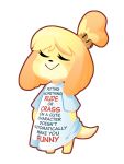  2019 alpha_channel animal_crossing anthro barefoot bell big_ears black_nose blonde_hair blush canid canine canis captain_molasses clothed clothing domestic_dog english_text eyelashes eyes_closed female floppy_ears fur hair hi_res humor isabelle_(animal_crossing) mammal multicolored_body multicolored_fur nintendo orange_ears shih_tzu shirt simple_background smile solo standing text the_truth topwear toy_dog transparent_background video_games white_body white_fur yellow_body yellow_fur yellow_tail 