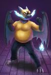  anthro anthrofied black_bottomwear black_clothing black_pants blue_fire bottomwear claws clothing colored_fire dragonsica_(artist) fan_character fire flaming_tail male mega_charizard mega_charizard_x mega_evolution nintendo pants pok&eacute;mon pok&eacute;mon_(species) pok&eacute;morph purple_background shirt simple_background standing toe_claws topwear video_games yellow_clothing yellow_shirt yellow_topwear 
