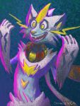  3:4 after_transformation anthro dragonsica_(artist) fan_character felid feline green_background legendary_pok&eacute;mon mammal nintendo painterly pok&eacute;mon pok&eacute;mon_(species) shiny_pok&eacute;mon simple_background solo transformation video_games zeraora 