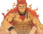  1boy abs bara blue_eyes blush bracelet chest chest_hair collar dog_boy dog_collar fang feet_out_of_frame fire forked_eyebrows frown fur jewelry looking_at_viewer male_focus male_pubic_hair muscle navel nipples nude original pectorals pubic_hair short_hair solo st05254 thighs white_background 