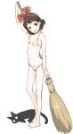  1girl :d animal arm_up bare_arms bare_legs bare_shoulders barefoot bikini black_cat bow broom brown_eyes brown_hair cat commentary flat_chest full_body hair_bow hairband jiji_(majo_no_takkyuubin) kiki kokekokko_coma looking_at_viewer majo_no_takkyuubin navel open_mouth red_bow red_hairband short_hair side-tie_bikini simple_background smile solo standing stomach swimsuit white_background yellow_bikini 