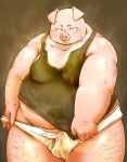 2015 anthro barely_visible_genitalia barely_visible_penis bodily_fluids bulge chiro_(artist) clothing domestic_pig genitals hairy hi_res kemono male mammal overweight overweight_anthro overweight_male penis shirt solo suid suina sus_(pig) sweat topwear underwear 
