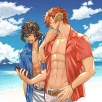  2boys abs adam&#039;s_apple arm_on_shoulder arm_rest arm_up au_ra bare_arms beach belt black_hair black_horns blue_shirt blue_sky brown_horns cellphone chest closed_eyes closed_mouth cloud collarbone collared_shirt commentary_request day dragon_horns eyewear_on_head fictional_persona final_fantasy final_fantasy_xiv gachako glasses hair_over_one_eye hand_up holding holding_eyewear holding_phone horizon horns laughing leaning_on_person male_focus multiple_boys muscle ocean open_clothes open_mouth open_shirt outdoors phone red_hair red_shirt sand shirt short_hair short_sleeves sky smartphone smile stomach sunglasses upper_body water wing_collar 