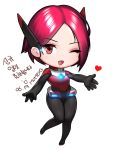  1girl chibi hana_(metal_unit) korean_commentary metal_unit momera one_eye_closed red_eyes red_hair short_hair simple_background smile solo white_background 