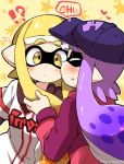  !? 2girls bangs baseball_cap baseball_jersey blonde_hair blue_headwear blunt_bangs blush cheek_kiss closed_mouth clothes_writing commentary domino_mask eromame hat heart holding_another&#039;s_hair inkling inkling_(language) kiss long_hair long_sleeves looking_at_viewer mask multiple_girls pointy_ears purple_hair red_shirt shirt splatoon_(series) starry_background sweatdrop tentacle_hair white_shirt yellow_eyes yuri 