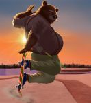 2020 anthro belly bottomwear brown_body brown_fur clothing facial_hair fur hi_res kemono male mammal mustache outside overweight overweight_anthro overweight_male pants q83561965 shirt skateboard solo topwear ursid 