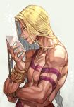  1boy abs balrog bangs biceps blonde_hair blue_eyes bracelet braid chest collarbone hand_up hankuri holding holding_mask jewelry long_hair looking_at_viewer male_focus mask open_mouth pants profile sash shirtless simple_background single_braid smile solo street_fighter tattoo upper_body 