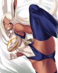  1girl :d animal_ears bangs boku_no_hero_academia breasts bunny_ears bunny_tail clenched_hand covered_navel covered_nipples crescent_print dark_skin fur_collar gloves highleg highleg_leotard highres large_breasts leg_up leotard long_eyelashes long_hair looking_at_viewer mirko open_mouth parted_bangs rabbit_girl red_eyes smile solo tail takanashi-a taut_leotard teeth thighhighs thighs toned very_long_hair white_gloves white_hair white_leotard 