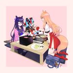  3girls 7meill animal_ear_fluff animal_ears bag bandage_over_one_eye bandaged_arm bandages black_hair blonde_hair blue_hair blue_neckwear chopsticks commentary_request cushion drinking_straw eating fate/grand_order fate_(series) fox_ears fox_girl fox_tail glass glasses highres jacket licking_lips long_hair looking_at_another multicolored_hair multiple_girls murasaki_shikibu_(fate) murasaki_shikibu_(swimsuit_rider)_(fate) nabe neck_ribbon neckerchief obentou open_clothes open_jacket pink_jacket plate pleated_skirt purple_eyes purple_hair red_footwear red_hair red_neckwear red_skirt ribbon school_bag school_uniform sei_shounagon_(fate) serafuku short_hair side_slit sitting skirt socks streaked_hair suzuka_gozen_(fate) table tail tongue tongue_out very_long_hair wooden_table yellow_eyes 
