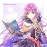  1girl belt black_dress black_feathers book border cape commission commissioner_upload decorations dress expressionless feathers fire_emblem fire_emblem:_the_binding_blade fire_emblem_heroes highres holding holding_book long_hair long_sleeves nagino open_book open_mouth purple_eyes purple_hair signature solo sophia_(fire_emblem) traditional_media very_long_hair watercolor_(medium) 