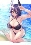  1girl beach bikini black_bikini blush breasts checkered cleavage closed_mouth eyepatch highres kantai_collection large_breasts medium_hair o-ring o-ring_bikini ocean one-eyed purple_hair sitting smile summer swimsuit tenryuu_(kantai_collection) thighs white_background yellow_eyes yuudadou 