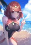 1girl bangs bare_arms bare_shoulders beach black_swimsuit breasts chest_jewel competition_swimsuit cowboy_shot day eyebrows_visible_through_hair highres jewelry large_breasts leaning_forward mirin. one-piece_swimsuit outdoors pyra_(xenoblade) red_eyes red_hair short_hair solo swept_bangs swimsuit tiara tongue tongue_out v xenoblade_chronicles_(series) xenoblade_chronicles_2 