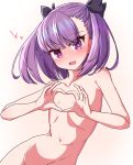 1girl bangs blush bow breasts chawan_(yultutari) collarbone fate/grand_order fate_(series) hair_bow heart heart_hands helena_blavatsky_(fate/grand_order) highres looking_at_viewer navel nude open_mouth purple_eyes purple_hair simple_background small_breasts tearing_up white_background 