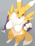  absurd_res anthro breasts canid canine digimon digimon_(species) female fur hi_res kame_3 looking_at_viewer mammal renamon solo white_body white_fur yellow_body yellow_fur 