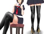  1girl black_footwear blue_skirt boots braid brown_hair closed_eyes closed_mouth high_heel_boots high_heels highres kantai_collection katsuten latex_boots long_hair red_neckwear school_uniform shigure_(kantai_collection) sitting skirt smile thigh_boots thighhighs thighs white_background 