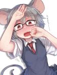  1girl alternate_costume animal_ears bangs bespectacled black-framed_eyewear blush collared_shirt eyebrows_visible_through_hair full-face_blush glasses grey_hair hand_on_own_cheek hand_to_forehead highres mouse_ears mouse_tail nazrin necktie open_mouth red_eyes red_neckwear senzaicha_kasukadoki shirt short_hair short_sleeves simple_background skirt solo tail tearing_up touhou upper_body vest white_background 