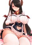  1girl arano_oki areola_slip areolae black_dress black_hair blush breasts center_frills curvy demon_girl demon_horns demon_wings dress elbow_gloves freckles frilled_dress frills glasses gloves hair_over_one_eye heart_cutout highres horns huge_breasts indie_virtual_youtuber itou_life_(vtuber) long_hair looking_at_viewer maid maid_headdress mature mini_wings navel navel_cutout nursing_sweater round_eyewear seductive_smile shirt short_dress sitting smile solo striped striped_shirt sweater thighhighs thighs vertical-striped_shirt vertical_stripes very_long_hair virtual_youtuber white_gloves white_legwear white_shirt wings yokozuwari 