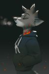  2020 anthro bottomwear canid canine clothing dark_background eyes_closed fire fox fur gradient_background hoodie male mammal miles_df pants simple_background solo teeth topwear 