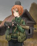  1girl absurdres assault_rifle bullpup commentary day english_commentary fingerless_gloves freckles gloves green_eyes gun hat highres jacket l85 load_bearing_equipment orange_hair original outdoors rifle short_hair solo stalker_(game) track_jacket weapon zap-nik 