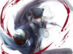  1girl belt blonde_hair blood bloodborne cape dual_wielding gem hat hat_ornament highres holding itsuki_(itsukiovo) katana lady_maria_of_the_astral_clocktower looking_at_viewer sword the_old_hunters tricorne weapon white_background white_eyes 