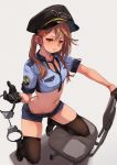  1girl :t between_breasts black_footwear black_gloves black_headwear black_shorts blue_shirt boots breast_pocket breasts brown_hair brown_legwear chair collared_shirt crop_top cuffs embarrassed frown fu-ta gloves green_eyes hair_ornament hairclip half_gloves handcuffs hat highres long_hair looking_at_viewer midriff navel necktie office_chair original pocket police police_hat police_uniform pout shirt shoes short_shorts short_sleeves shorts simple_background small_breasts solo stomach sweat sweatdrop thighhighs thighs twintails uniform usami_taiga v-shaped_eyebrows white_background 
