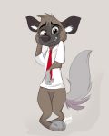  aggressive_retsuko anthro bottomless brown_body brown_fur clothed clothing featureless_crotch fur grey_background haida head_tuft hi_res hyaenid looking_at_viewer male mammal meowmavi necktie sanrio shirt simple_background smile solo spotted_hyena topwear tuft 