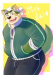  2020 anthro black_nose bottomwear canid canine canis clothing domestic_dog fur green_body green_fur hi_res kemono kumamikan live-a-hero male mammal mokdai overweight overweight_anthro overweight_male pants simple_background solo video_games 