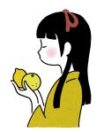  1girl bangs black_hair blending blunt_bangs blunt_ends blush closed_eyes closed_mouth commentary_request cropped_torso food from_side fruit hair_ornament hair_ribbon hands_up hirasawa_minami holding holding_food holding_fruit japanese_clothes kimono lemon long_hair long_sleeves original profile red_ribbon ribbon simple_background solo upper_body white_background wide_sleeves yellow_kimono 