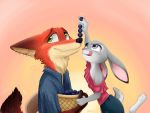  &lt;3 2020 4:3 anthro arzmx barefoot black_nose blueberry_(fruit) canid canine cheek_tuft clothed clothing disney duo facial_tuft female food fox fruit fully_clothed fur green_eyes grey_body grey_fur hi_res holding_food holding_object judy_hopps lagomorph leporid male mammal nick_wilde orange_body orange_fur pink_nose plant purple_eyes rabbit red_fox shirt simple_background smile tongue tongue_out topwear tuft zootopia 