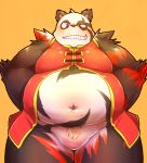  2015 anthro belly black_body black_fur blush chiro_(artist) clothed clothing fanfan fur giant_panda hi_res kemono male mammal navel overweight overweight_anthro overweight_male red_body red_fur solo ursid white_body white_fur 