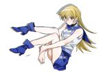  1girl 203wolves ankle_boots bangs bare_arms bare_shoulders blonde_hair blue_footwear blue_skirt boots breasts buttons closed_mouth commentary_request duel_academy_uniform_(yuu-gi-ou_gx) full_body high_heels highres long_hair looking_at_viewer medium_breasts miniskirt sailor_collar shadow shiny shiny_hair shiny_skin signature simple_background skirt sleeveless tenjouin_asuka thighs turtleneck uniform yellow_eyes yuu-gi-ou yuu-gi-ou_gx 