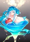  1girl ass barefoot blue_eyes blue_hair braid breast_press cherry commentary cup drinking_glass eyebrows_visible_through_hair eyes_visible_through_hair food fruit highres kito_(sorahate) liquid_hair long_hair looking_at_viewer minigirl monster_girl nude original partially_submerged sidelocks slime_girl smile solo very_long_hair 