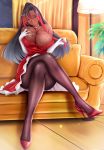  1girl absurdres black_hair blush breasts choker closed_mouth commentary_request couch crossed_legs curtains dark_skin dress elbow_gloves gloves gold gradient_hair high_heels highres indoors kono_subarashii_sekai_ni_shukufuku_wo! kono_subarashii_sekai_ni_shukufuku_wo!:_kurenai_densetsu lamp large_breasts legs long_hair looking_at_viewer multicolored_hair night nose_blush pantyhose plant red_dress red_footwear red_hair siki2046 sitting sky smile solo streaked_hair sylvia_(konosuba) white_gloves 