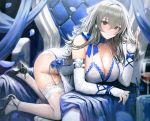  1girl absurdres all_fours azur_lane bare_shoulders black_footwear breasts bridal_gauntlets china_dress chinese_clothes cleavage cross cross_earrings dress earrings elbow_gloves fingerless_gloves flower gloves grey_hair hand_in_hair high_heels highres huge_filesize jewelry large_breasts long_hair mochirong mole mole_under_eye red_eyes saint-louis_(azur_lane) saint-louis_(brilliant_paladin)_(azur_lane) sleeveless sleeveless_dress solo thighhighs thighs white_legwear 