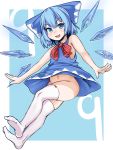  (9) 1girl :d bangs bare_shoulders blue_dress blue_eyes blue_hair bow cirno dress dress_lift eyebrows_visible_through_hair falling full_body hair_between_eyes hair_bow highres ice ice_wings looking_at_viewer navel no_panties no_shoes open_mouth red_bow short_dress short_hair sirachi sleeveless sleeveless_dress smile solo thighhighs touhou v-shaped_eyebrows white_legwear wings 