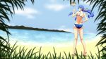 1girl alternate_costume alternate_hairstyle ass back bare_legs bare_shoulders beach bead_bracelet beads bikini blue_bikini blue_hair bracelet breasts cloud day english_commentary floating floating_object floating_rock food from_behind fruit full_body hair_ribbon hand_on_hip highres hinanawi_tenshi horizon island jewelry keystone kneepits looking_at_viewer looking_back mountainous_horizon no_hat no_headwear ocean older outdoors peach ponytail rainbow_bracelet rakkidei red_eyes red_ribbon ribbon short_hair_with_long_locks sky slippers small_breasts solo standing summer swimsuit touhou twitter_username water watermark 